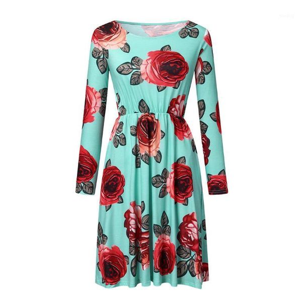 

fashion new 2020 ladies round neck print long sleeve irregular dress women's plain long sleeve flowy modest1, Black;gray