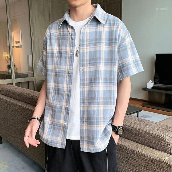 

plaid shirt male korean version trend loose casual summer men's short-sleeved cotton clothing1 men's shirts, White;black