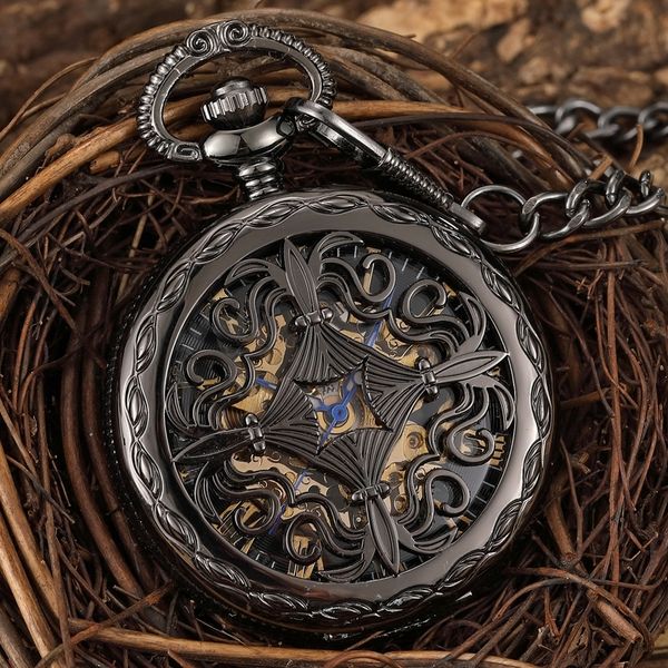 

antique mechanical pocket watch hollow black dial hand-winding men pendant collection fob chain watch skeleton steampunk clock t200502, Slivery;golden