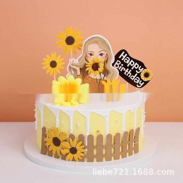 

e0ddk copyright product rural style sunflower girl yjol2 cake fence sunflower simulation sign cake decoration insert