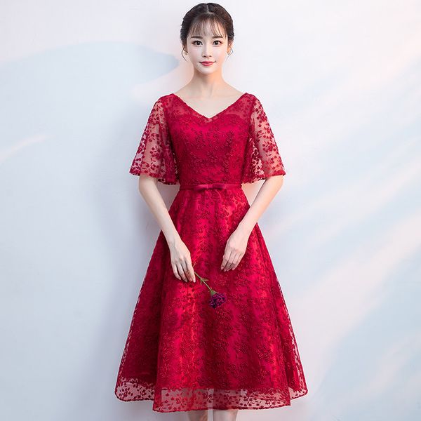 

robe de soiree tea-length burgundy v-neck formal evening dress with lace embroidered sequin transparent party prom dresses, Black;red