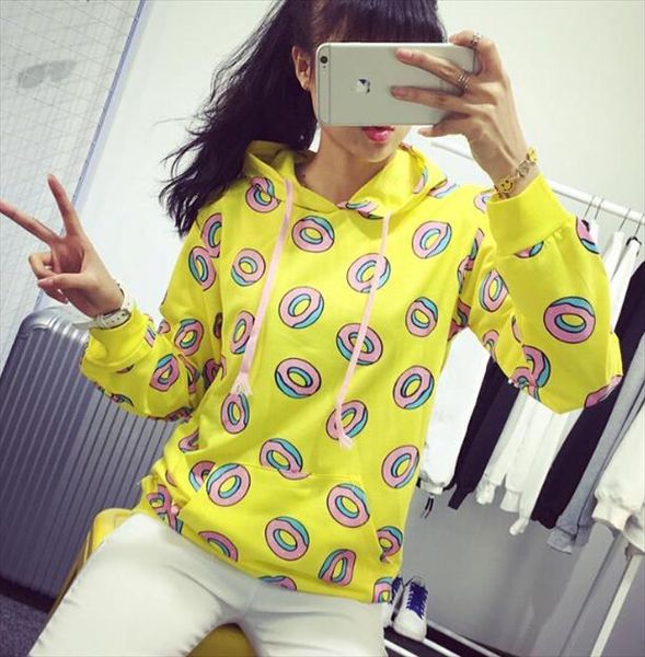 

autumn cute donut print pullovers women hoodies sweatshirts yellow large size m xl sudaderas mujer fashion feminino moleton, Black