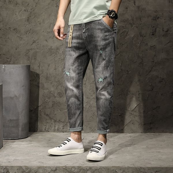 

p3yug new spring/summer pants men's slim fit jeans and jeans ankle-pierced patch 2020 korean style trendy nine-point youth pants eadbl, Blue