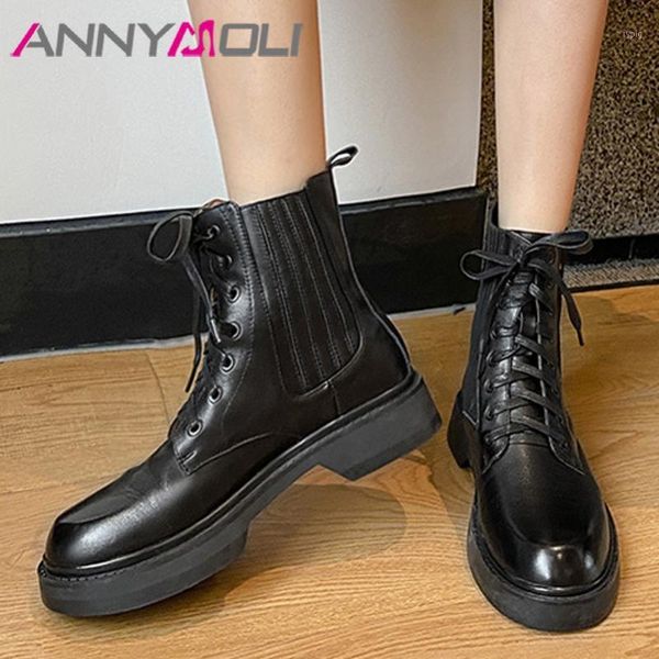 

boots annymoli real leather flat platform short women motorcycle round toe lace up ankle ladies shoes autumn winter1, Black