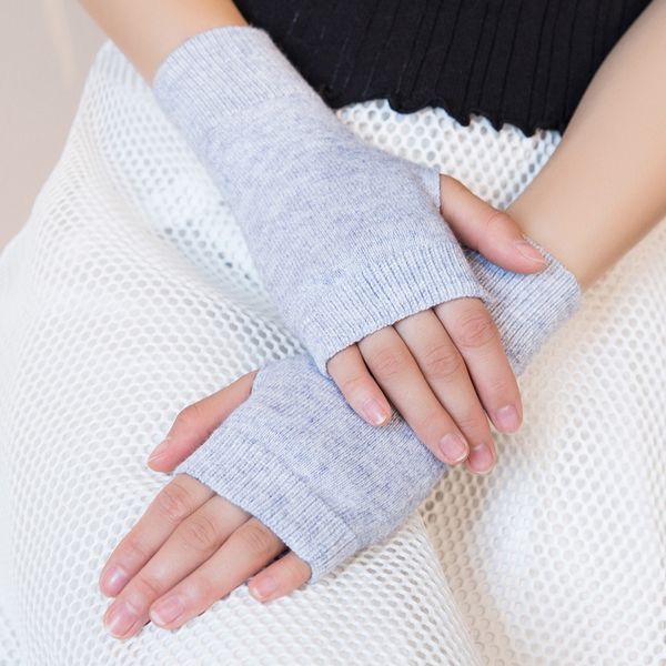 

winter warm half finger touch screen wool knit gloves women cashmere short elastic fingerless student writing mitten d77, Blue;gray