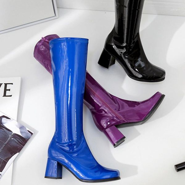 

boots patent leather women knee-high fashion high heels shoes winter side zipper long female1, Black