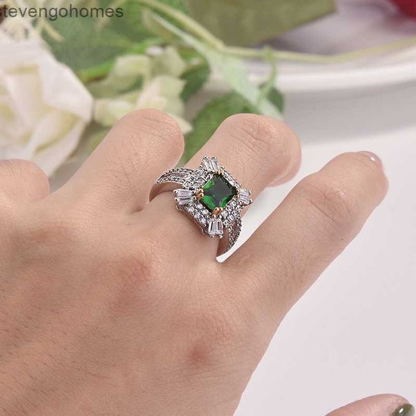 

princess zhenrong inlaid emerald zircon with square diamond engagement ring, Silver
