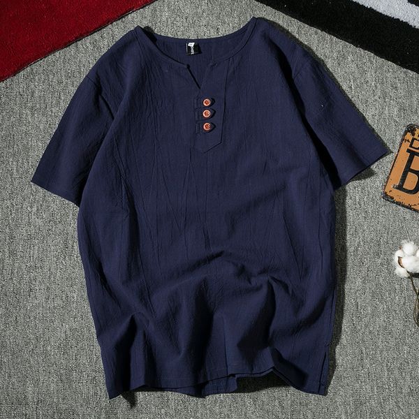 

short sleeve trend v-neck chinese style cotton hemp t-shirt fashion men's summer large new top, White;black