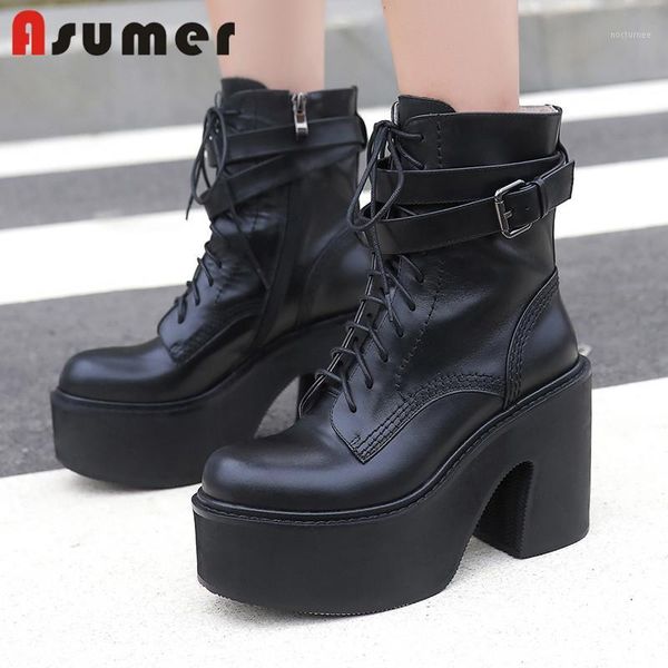 

asumer 2020 genuine leather shoes women ankle boots round toe fashion punk casual party shoes ladies high heel platform boots1, Black