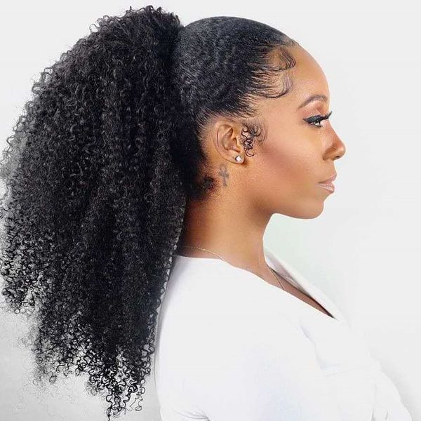 

3b 4a kinky curly ponytail hair extenions clip in wraps around real brazilian hair ponytail afro kinky curly natural puff updo hairpiece, Black