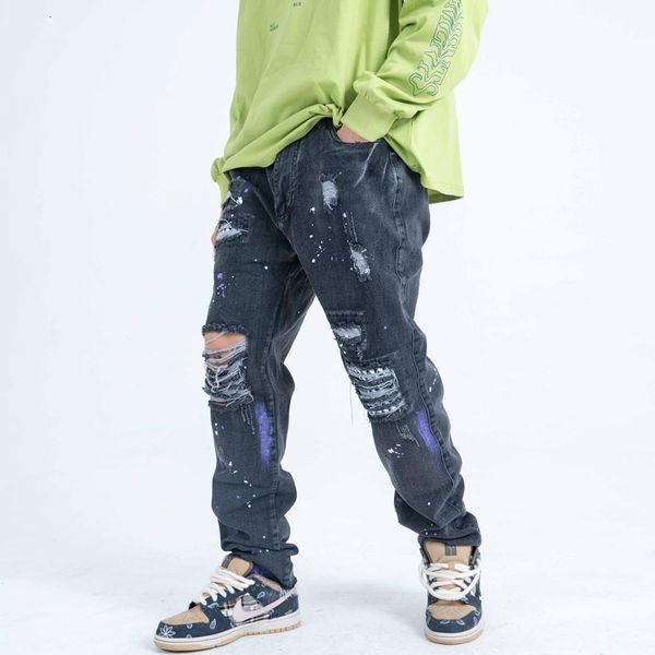 

hole patchwork casual pants mens graffiti ink streetwear denim jeans hip hop joggers men trousers kg-643, Blue