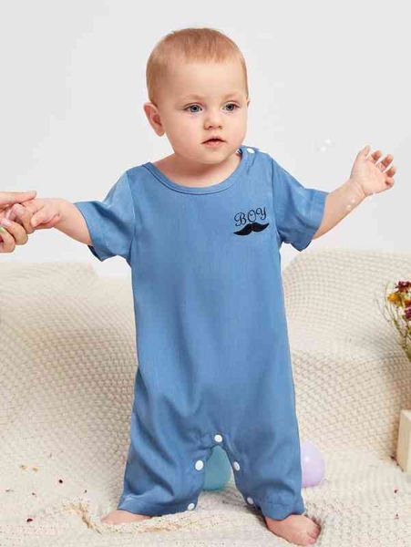 

baby letter & moustache embroidery jumpsuit she, Blue