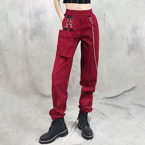

punk style pants hip hop street dance clothing female loose straight beam feet harem overalls wild hiphop red pants 440, Black;red