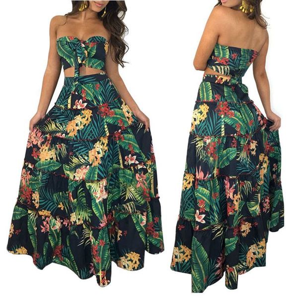 

print ruffles crop long skirt 2 piece set for female summer beach two pieces skirts women sets x0923, Gray