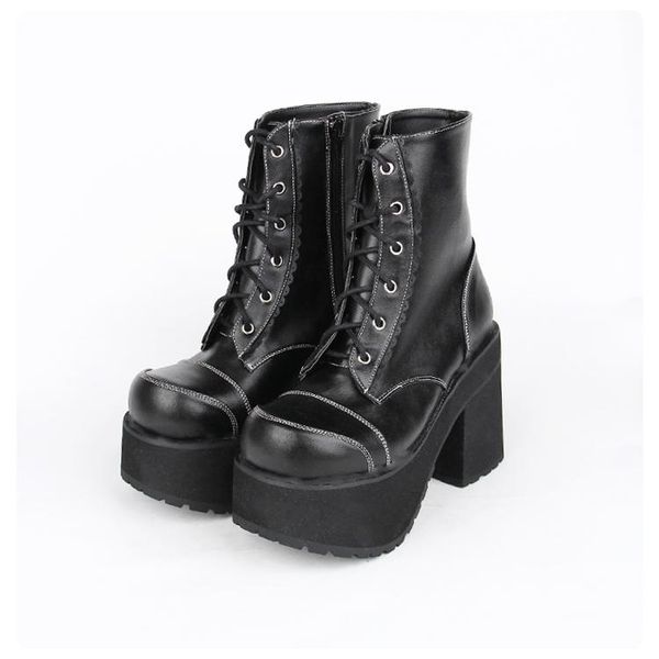 

женская мода кожа платформы короткие сапоги женские черные туфли punk осень высокие каблуки сапоги на шнуровке толстым дном клин, Black