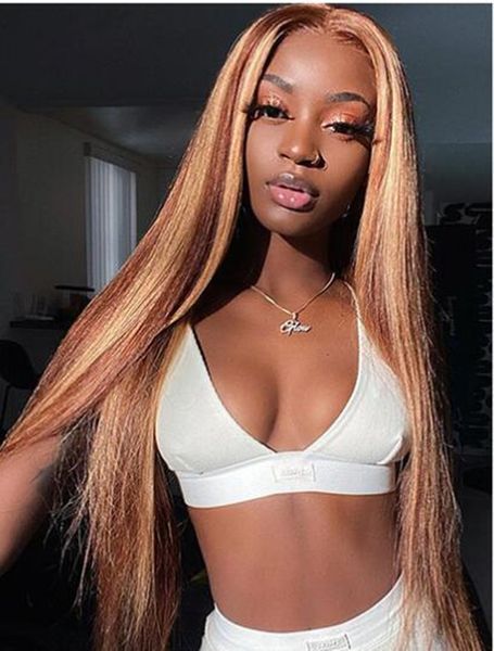 

straight honey blonde ombre color highlight lace front wigs 13x4 lace human hair remy wig pre plucked, Black;brown