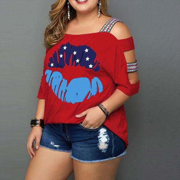 

women plus size casual shirt flag printed summer tees off shoulder slings sleeve blouse women camisetas verano mujer ed, White