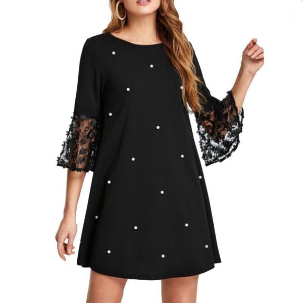 

summer dress women 2020 elegant dot print patchwork hollow out flower sleeve solid color casual a-line dresses vestidos1, Black;gray
