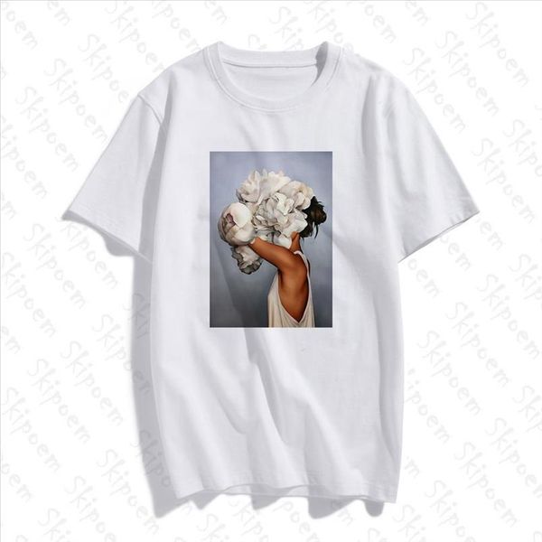 

new cotton harajuku aesthetics tshirt flowers feather print short sleeve amp; tees fashion casual couple t shirt, White