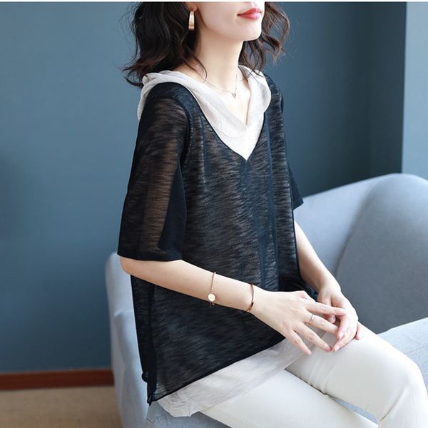 

spring fake two piece sweater women's 2020 new knitted bottoming shirt 5-sleeve hooded sweater korean version loose qnzhd, White
