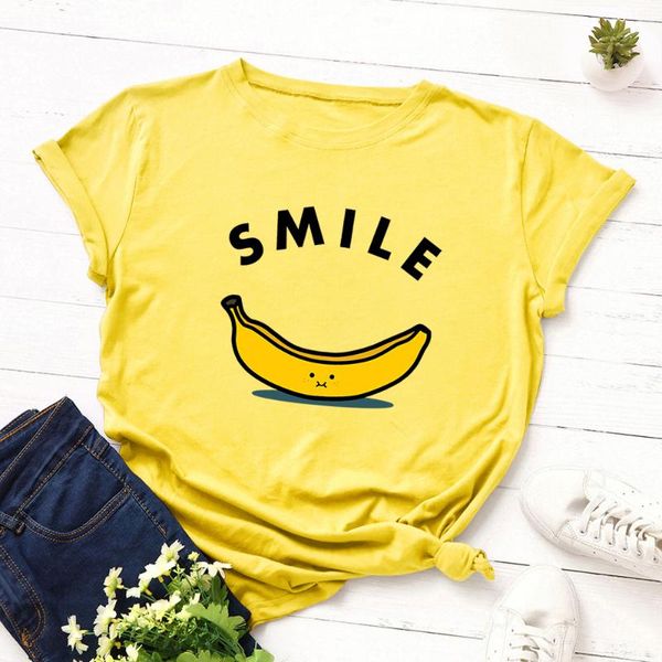 

summer cotton women t-shirt funny smile banana letter print short sleeve tee plus size 5xl fruit graphic tshirt streetwear, White
