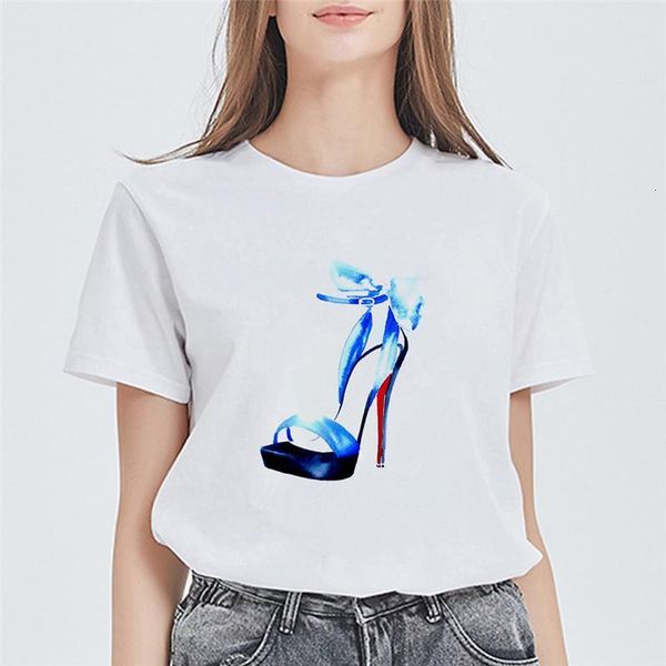 

fashion new arrive women t shirt summer short sleeve trendy high heel printed vogue t-shirts plus size female white