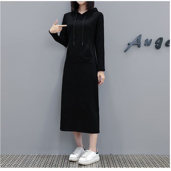 

women's dress autumn and winter clothes new plus size style hooded long-sleeved womens fashion dress over-the-knee dress loose long ski, Black;gray