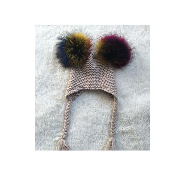 

baby hat autumn winter 2017 beanie hat with double real fur pompom warm wool toddler cap multicolor kids 2 real qyldmk