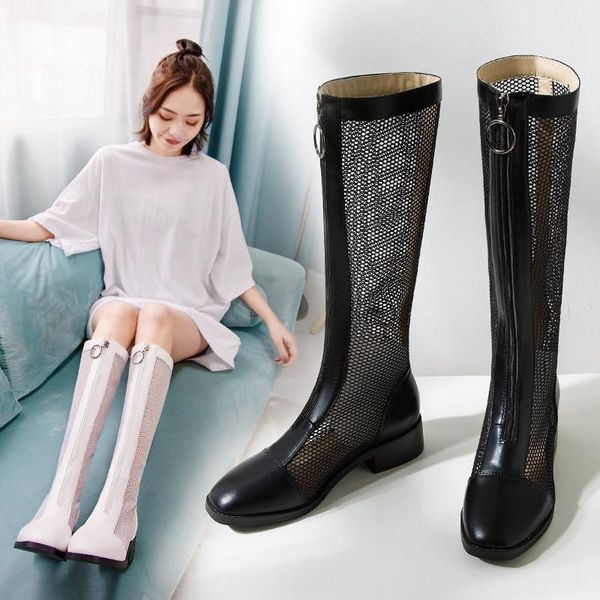 

ymechic summer fashion 2020 new pink black white boots med chunky heels mesh womens shoes front zipper knee high long boots 43