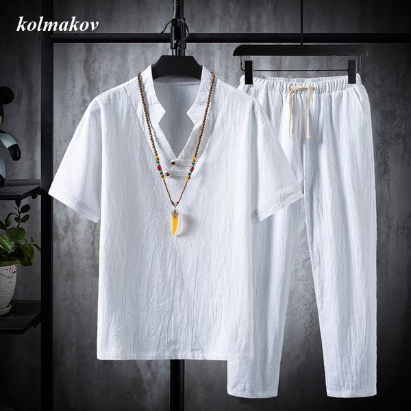 

2020 new style summer men t-shirt two-piece cotton and linen t-shirts men's leisure t-shirts (t-shirt + trousers) 1022, Gray