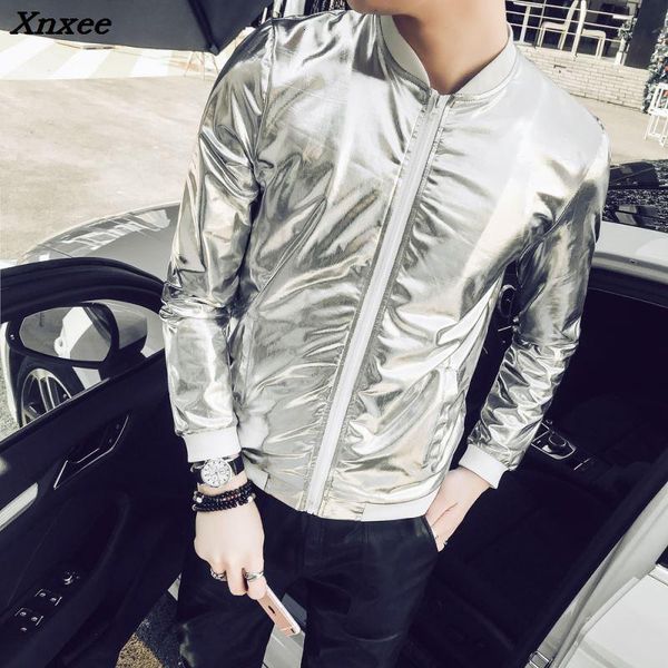 

summer men bomber jacket fashion slim sun protection clothing golden silver shining jackets male plus size 5xl stage coats, Black;brown