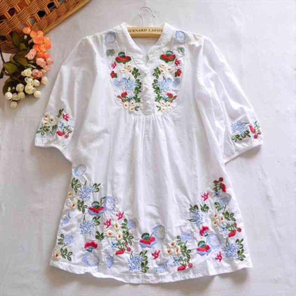 

vintage 70s women colorful mexican ethnic gypsy dress floral embroidered boho blouse blusas camisas femininas, White
