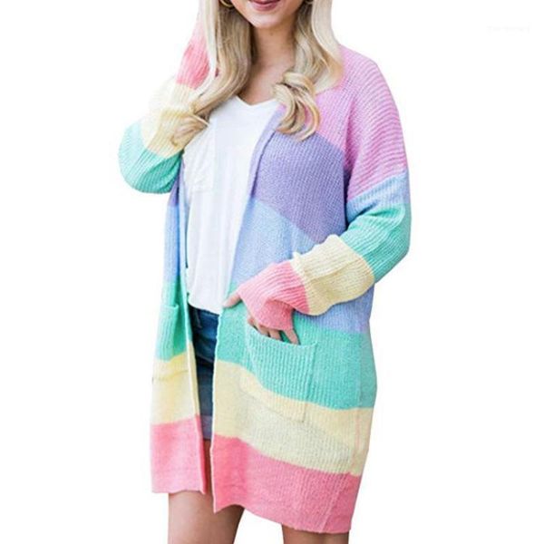 

plus size cardigans womens knitwear 2018 new rainbow striped medium long coat autumn female long sleeve sweater open stitch coat1, White;black