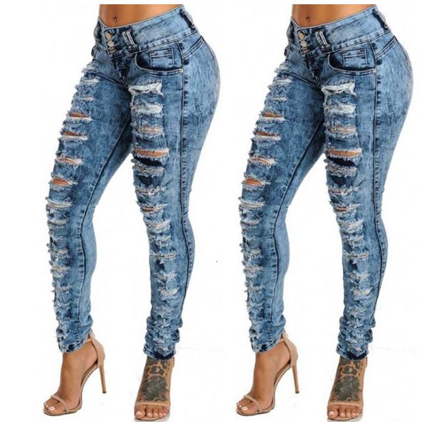 

new women's jeans with holes, high waist, small feet and buttonholes, Blue