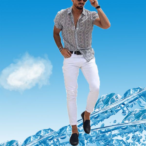 

european and american blouse summer men's short sleeve printing camicetta fashion shirt cardigan men bluse, White;black