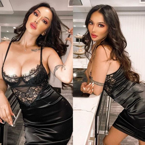 

women's sleepwear women lingerie nightgown underwear lace embroidery seduction black nightwear sling back cross night dress #3, Black;red