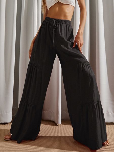 

luukse tie waist ruffle hem wide leg pants k3vb#, Black;white