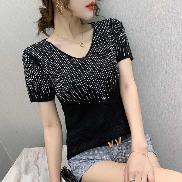 

women clothing new 2020 short sleeve summer t-shirt fashion casual diamonds v-neck plus size women shirt1, White