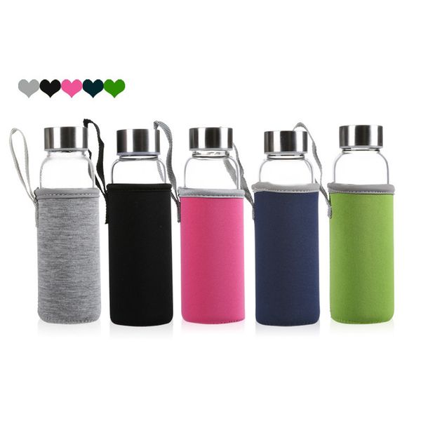

colorful glass water bottle bpa 420ml 550ml high temperature resistant hiking glass bottle with tea filter infuser nylon sleeve drink mug