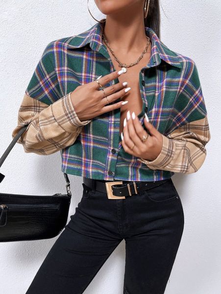 

plaid drop shoulder colorblock blouse y5pc#, White