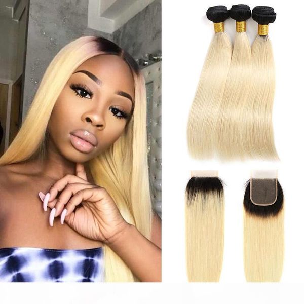 

1b 613 virgin hair bundles with 4*4 part lace closure straight brazilian human hair weave two tone ombre blonde bundles with closure, Black;brown