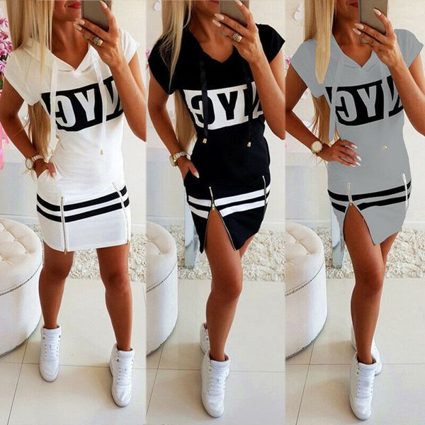 

women fashion pullover zipper hooded print slim fit loose short sleeve split o-neck mini brief es 2021, Black;gray
