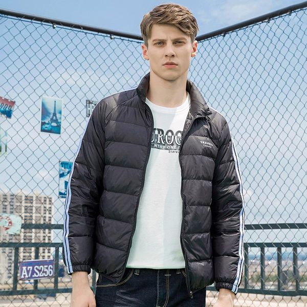 

romon men's short down jacket slim youth fashion stand collar autumn down warm light all-match casual coat, Black