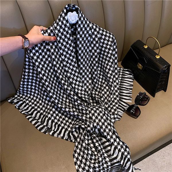 

korean version of autumn winter black and white thousand bird check scarf for versatile triangle shawl women's long wool, Blue;gray
