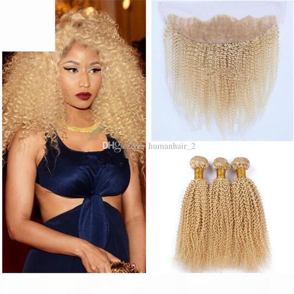 

afro kinky blonde hair with lace frontal #613 light blonde human hair bundles with ear to ear lace frontal closure brazilian virgin hair, Black;brown