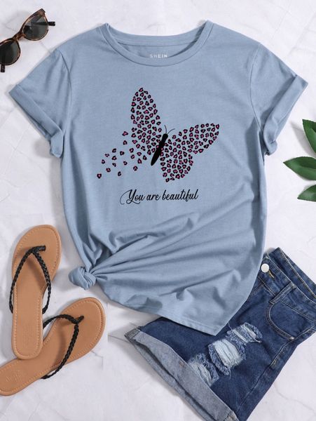 

slogan and butterfly print tee 48uv#, White