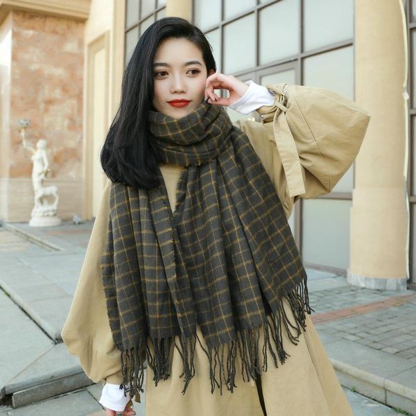 

scarves 2021 winter women's long scarf, imitation cashmere color matching plaid, fringed scarf thick warm, tippet for women,, Blue;gray