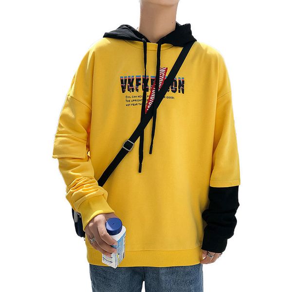 

uyuk autumn new hoodie men contrast color hooded fake two-piece sweater men's personalized printed thin coat hoodies sweatshirts, Black