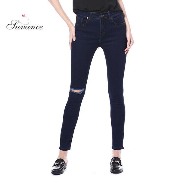 

suvance fashion stretchable slim holes wash denim cotton 100% women jeans spring new russian euro us size style women trousers, Blue