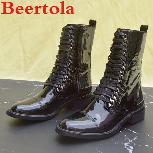 

boots real leather mid-calf women's metal button zip hip hop women snakeskin pattern shoelace cool girl bottes femmes, Black